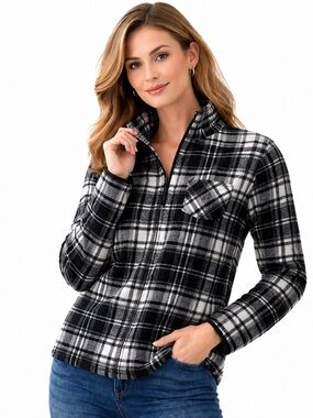 CHAPS Black & White Plaid Half-Zip Pullover — Size L
